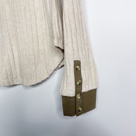 New Hem & Thread Large L Cream Cozy Ribbed Long Sleeve Henley Leopard Print Trim - Picture 7 of 10